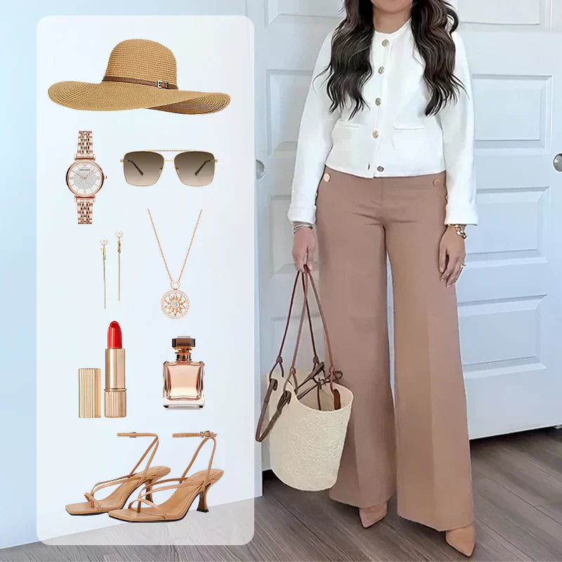 👖✨ Hoch elastische Hose mit Knopf & weitem Bein 🏃‍♀️💨 figurbetont, 3 Längen – bequem für Alltag & Büro