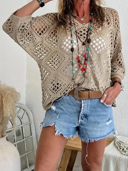 🥰💛 Beiges Häkeloberteil für Damen – Boho V-Ausschnitt, luftig & feminin ✨🤍 50 % Rabatt – ideal für Strand & Sommerlook