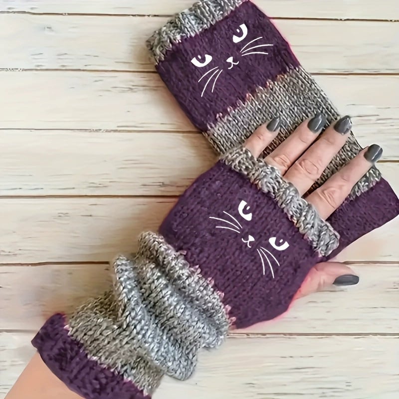 🐱🐱2025 neuestes Modell🧤🧤Damen-Strickhandschuhe ohne Finger mit süßem Katzenmuster