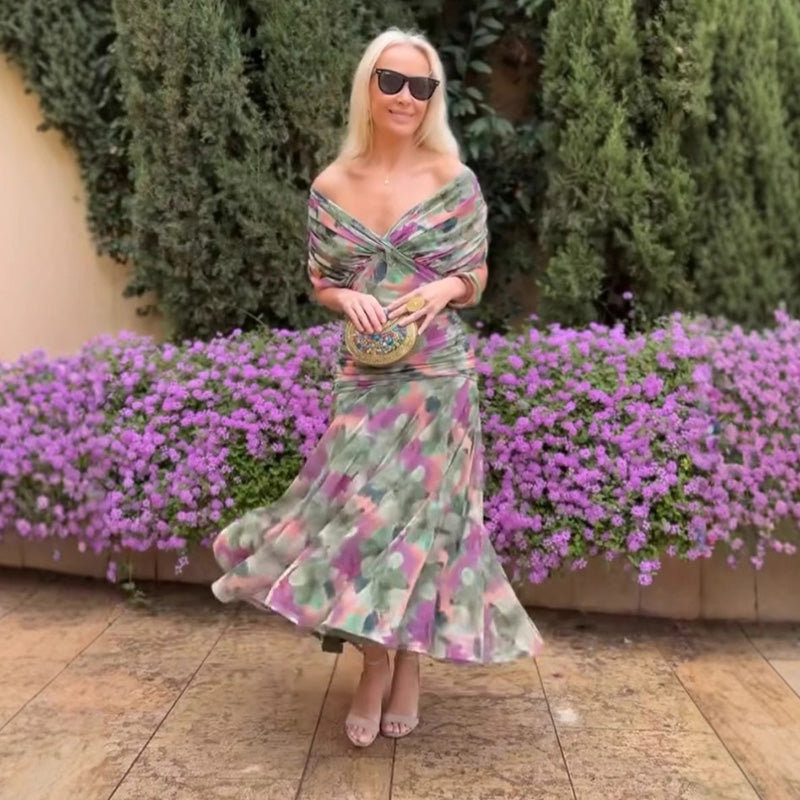 🌸Neuerscheinung 50% RABATT💖 Damen Trägerlos-Kleid mit V-Ausschnitt und Druck