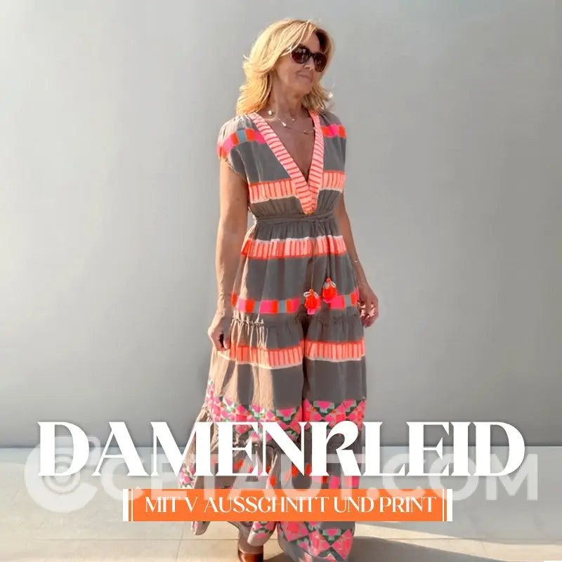 Lässiges Damen V-Ausschnitt Vintage Streifenmuster Ärmelloses Kleid