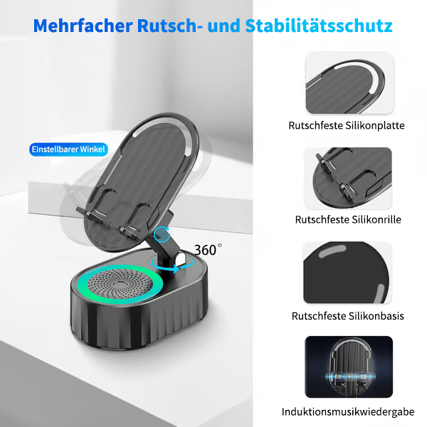 ✨📞 5-in-1 Handyhalterung mit kabellosem Lautsprecher & LED-Licht 🔈💡 360° drehbar, universal für Handy & Tablet – ideal fürs Büro, Schlafzimmer oder die Küche