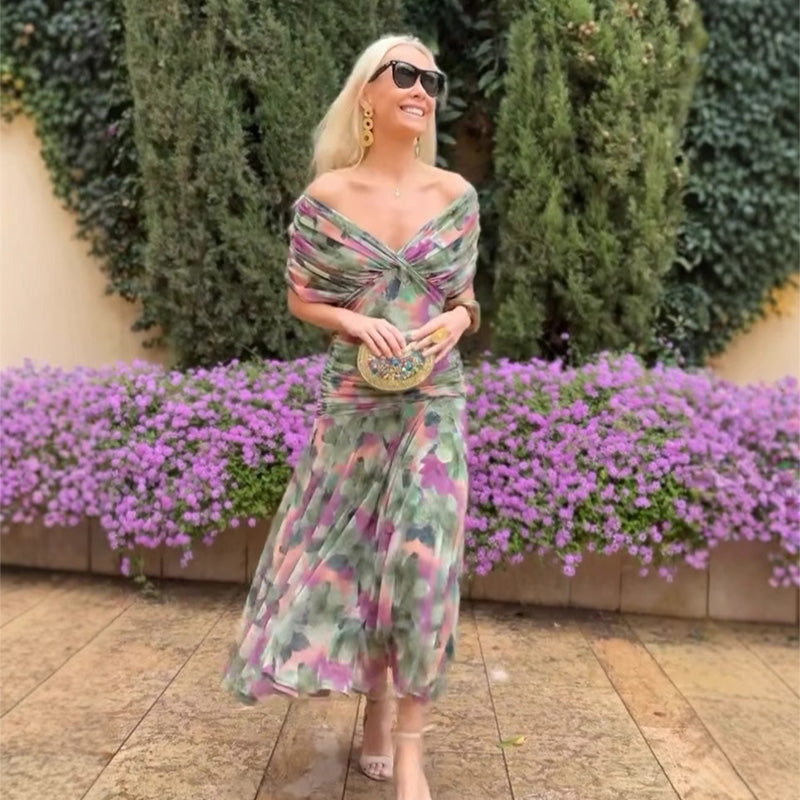 🌸Neuerscheinung 50% RABATT💖 Damen Trägerlos-Kleid mit V-Ausschnitt und Druck