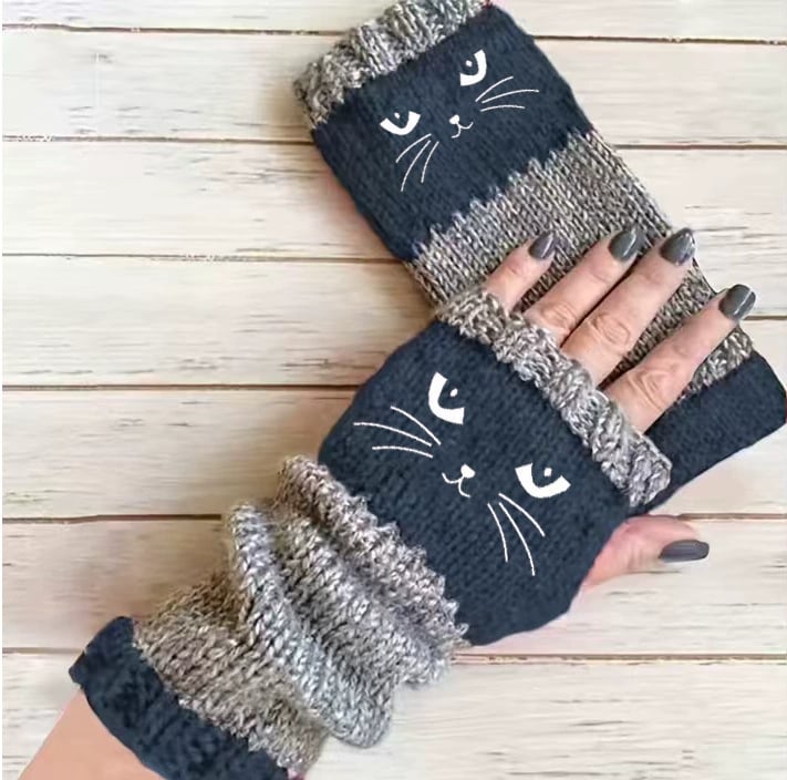 🐱🐱2025 neuestes Modell🧤🧤Damen-Strickhandschuhe ohne Finger mit süßem Katzenmuster