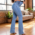 👖💕 Stretch-Schlagjeans mit hohem Bund – Perfekt für den Frühling! ✨ Bequem, schlank, nachhaltig 👖 Ideal für Alltag & Freizeit.