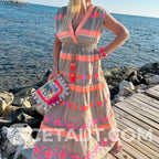 Lässiges Damen V-Ausschnitt Vintage Streifenmuster Ärmelloses Kleid