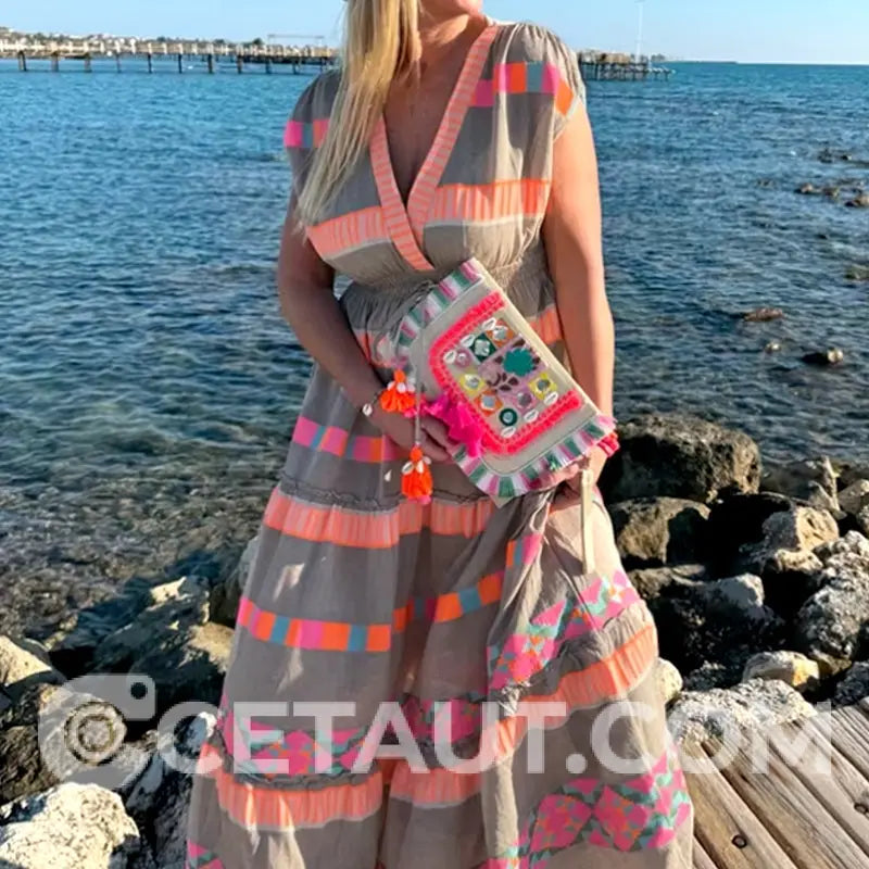 Lässiges Damen V-Ausschnitt Vintage Streifenmuster Ärmelloses Kleid