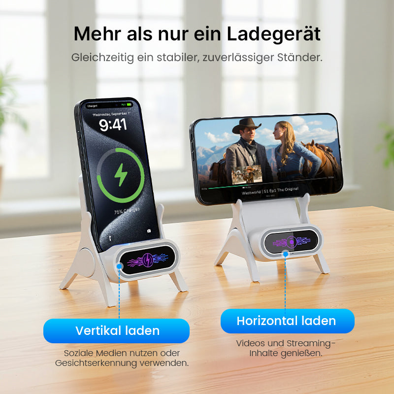 ⚡🔋 Magnetischer 2-in-1 Kabellose Ladestand Ablegen & sofort laden – Aufnehmen & sofort nutzen 🔄📱 Perfekt für Arbeitsplatz & Nachtisch – Kein Kabelwirrwarr, starke Magnethaftung.
