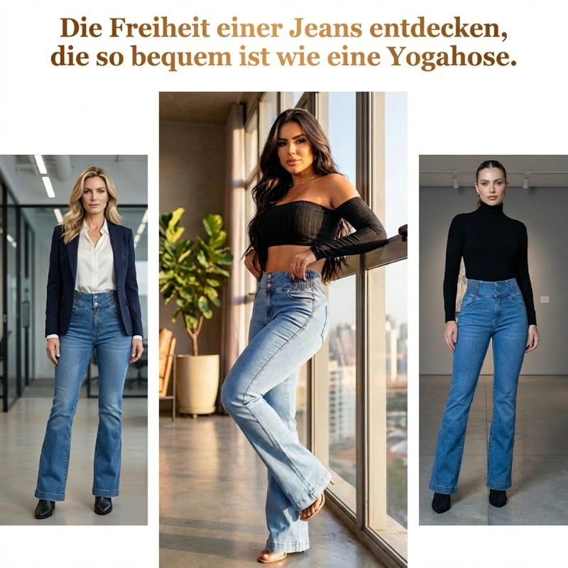 👖💕 Stretch-Schlagjeans mit hohem Bund – Perfekt für den Frühling! ✨ Bequem, schlank, nachhaltig 👖 Ideal für Alltag & Freizeit.