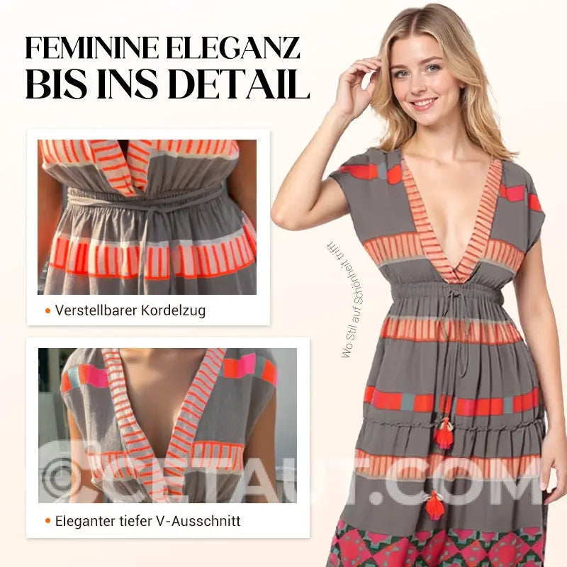 Lässiges Damen V-Ausschnitt Vintage Streifenmuster Ärmelloses Kleid