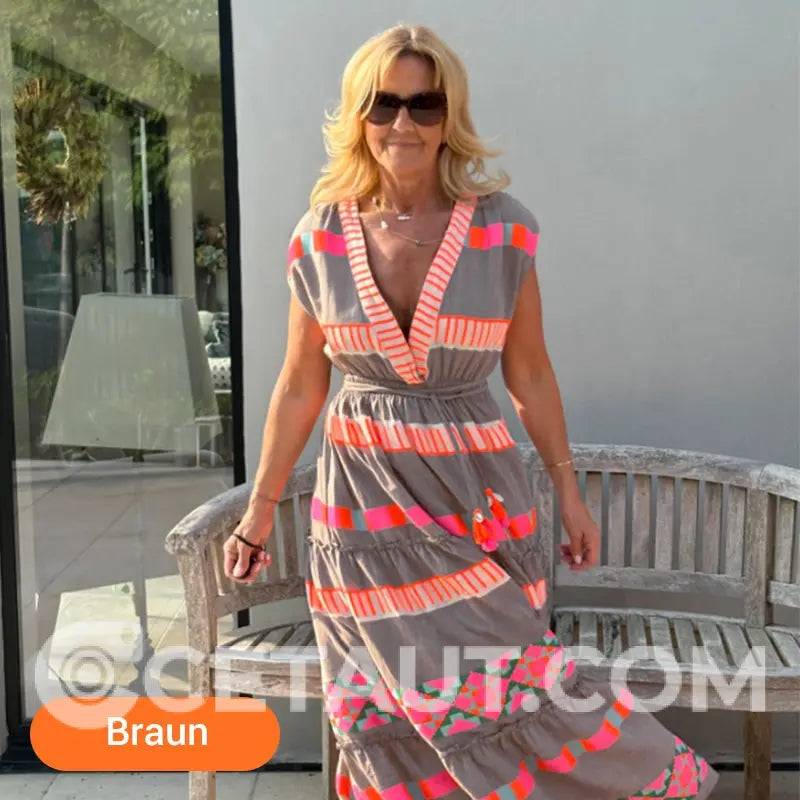Lässiges Damen V-Ausschnitt Vintage Streifenmuster Ärmelloses Kleid