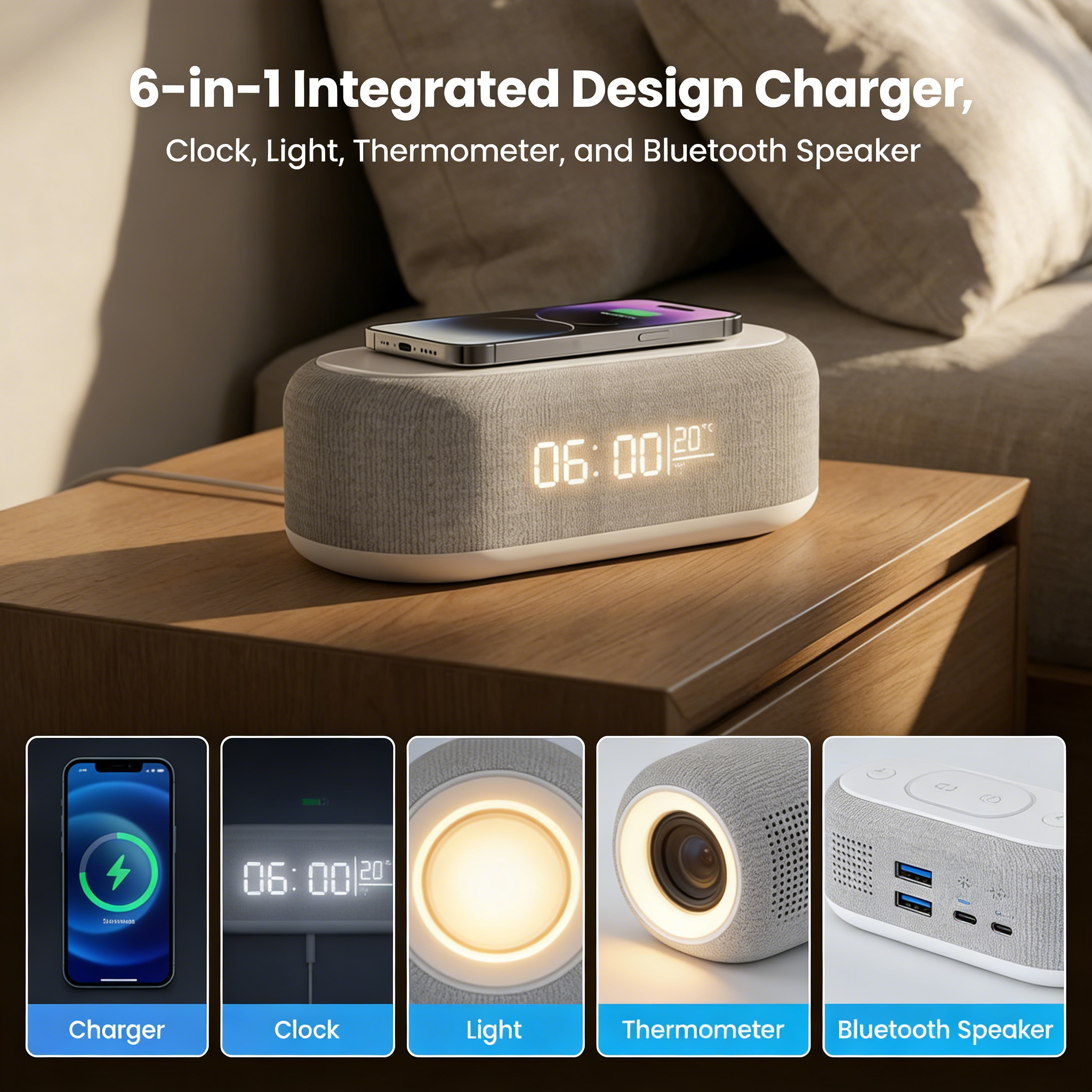 🌞🔋 6-in-1 Kabellose Ladestation 25W: Wecker, Bluetooth-Lautsprecher & Nachtlicht 🌙✨ – Alles für deinen Nachttisch!