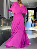 💃 Einfarbiges Maxikleid mit V-Ausschnitt und halben Rüschenärmeln💚😍