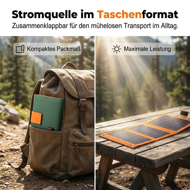 ☀️🔋 Mobiles Solar-Ladegerät mit USB-C & Dual Output – schnelles Sonnen-Tanken für Zelt, Rucksack & Reise – wetterfest & hocheffizient ⛺🚐