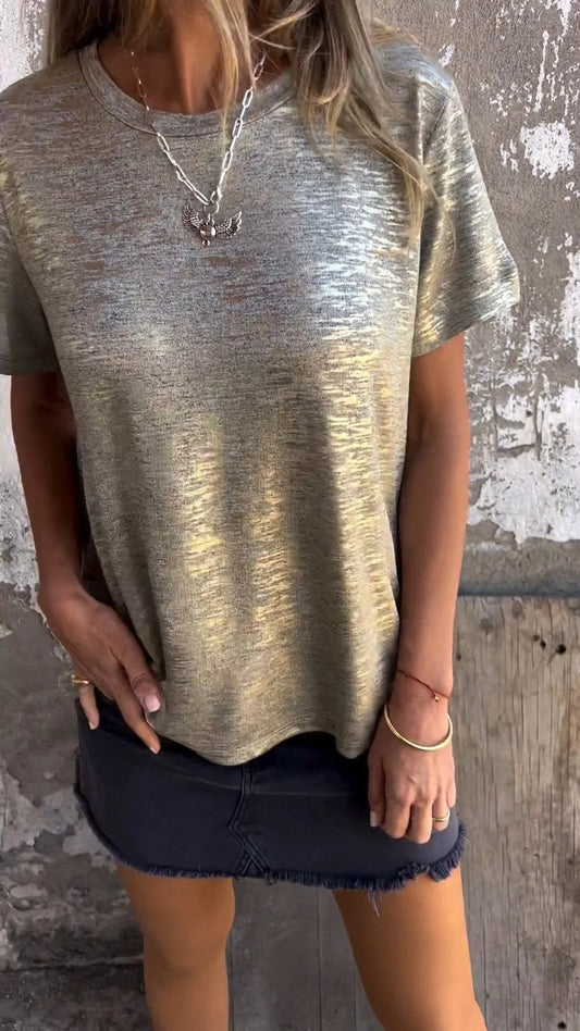 🔥49% Rabatt🛍️ Hot Stamping Rundhals-Kurzarm-T-Shirt mit V-Ausschnitt