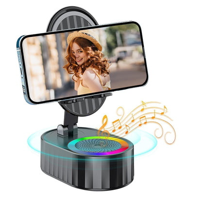 ✨📞 5-in-1 Handyhalterung mit kabellosem Lautsprecher & LED-Licht 🔈💡 360° drehbar, universal für Handy & Tablet – ideal fürs Büro, Schlafzimmer oder die Küche