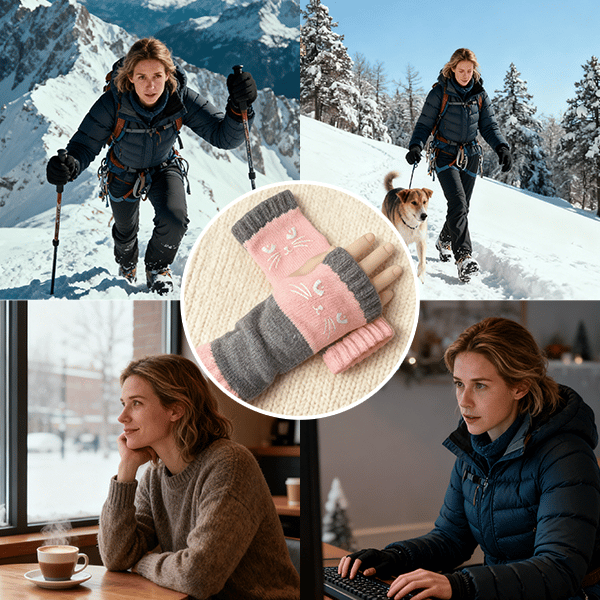 🐱🐱2025 neuestes Modell🧤🧤Damen-Strickhandschuhe ohne Finger mit süßem Katzenmuster