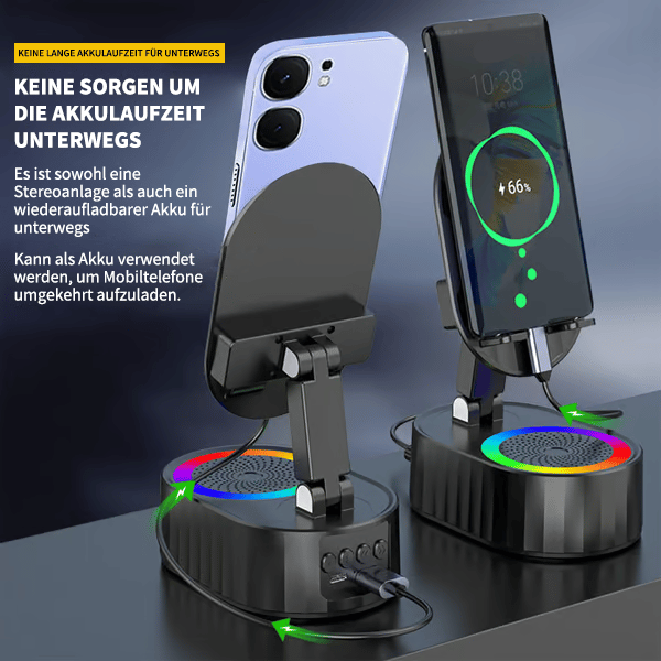 ✨📞 5-in-1 Handyhalterung mit kabellosem Lautsprecher & LED-Licht 🔈💡 360° drehbar, universal für Handy & Tablet – ideal fürs Büro, Schlafzimmer oder die Küche