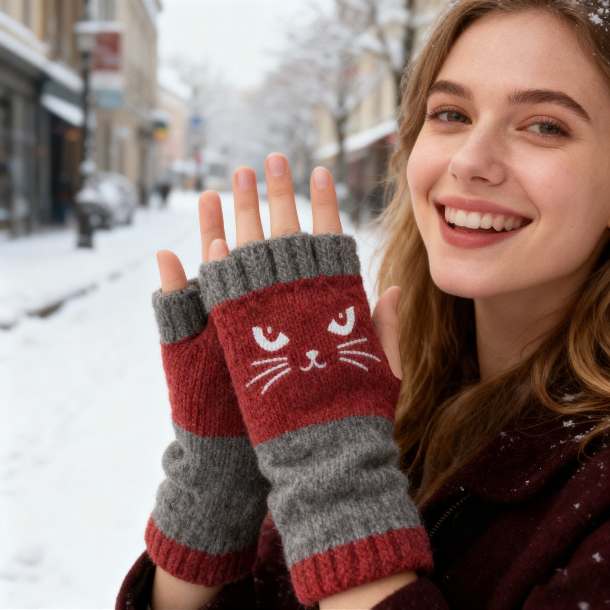 🐱🐱2025 neuestes Modell🧤🧤Damen-Strickhandschuhe ohne Finger mit süßem Katzenmuster