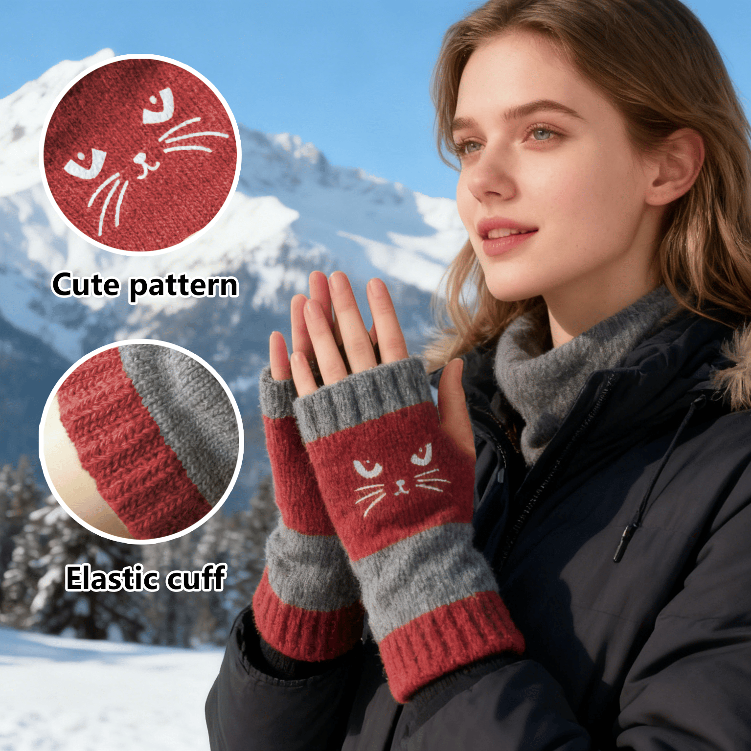 🐱🐱2025 neuestes Modell🧤🧤Damen-Strickhandschuhe ohne Finger mit süßem Katzenmuster