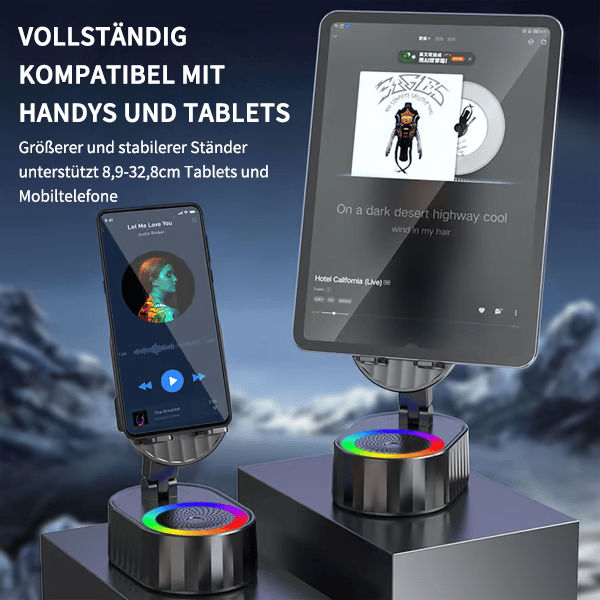 ✨📞 5-in-1 Handyhalterung mit kabellosem Lautsprecher & LED-Licht 🔈💡 360° drehbar, universal für Handy & Tablet – ideal fürs Büro, Schlafzimmer oder die Küche