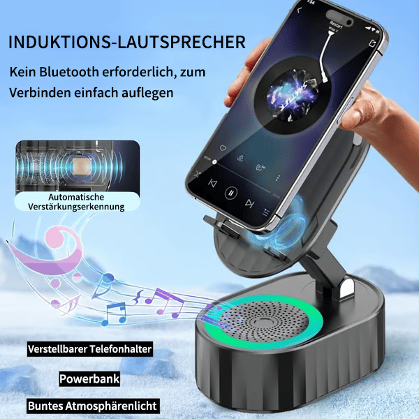 ✨📞 5-in-1 Handyhalterung mit kabellosem Lautsprecher & LED-Licht 🔈💡 360° drehbar, universal für Handy & Tablet – ideal fürs Büro, Schlafzimmer oder die Küche