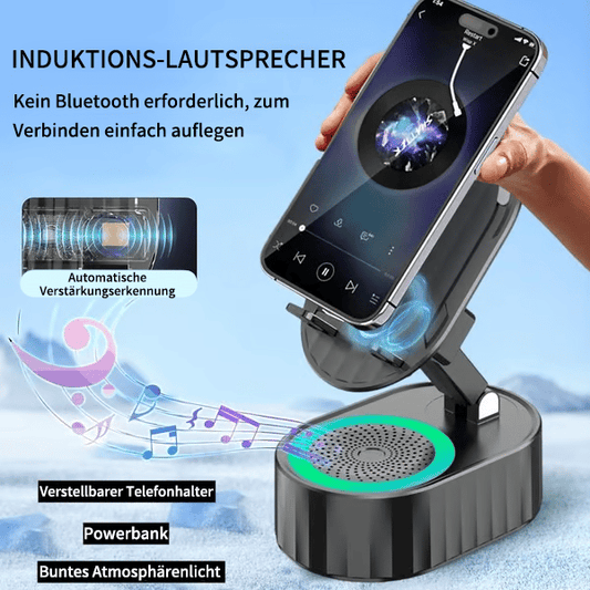 ✨📞 5-in-1 Handyhalterung mit kabellosem Lautsprecher & LED-Licht 🔈💡 360° drehbar, universal für Handy & Tablet – ideal fürs Büro, Schlafzimmer oder die Küche