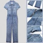 Damen-Jumpsuit aus Denim mit Reißverschluss, kurzen Ärmeln und Taschen