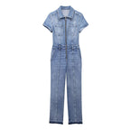 Damen-Jumpsuit aus Denim mit Reißverschluss, kurzen Ärmeln und Taschen