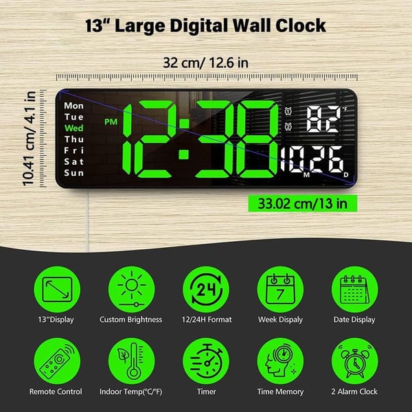 ⏰✨ 13" Großformat Digitalwecker mit Temperatur & Datum ✓ Automatische Zeiteinstellung ✓ Nachlicht mit Dämmerungssensor ✓ ideal für Schlafzimmer 🌙🔋