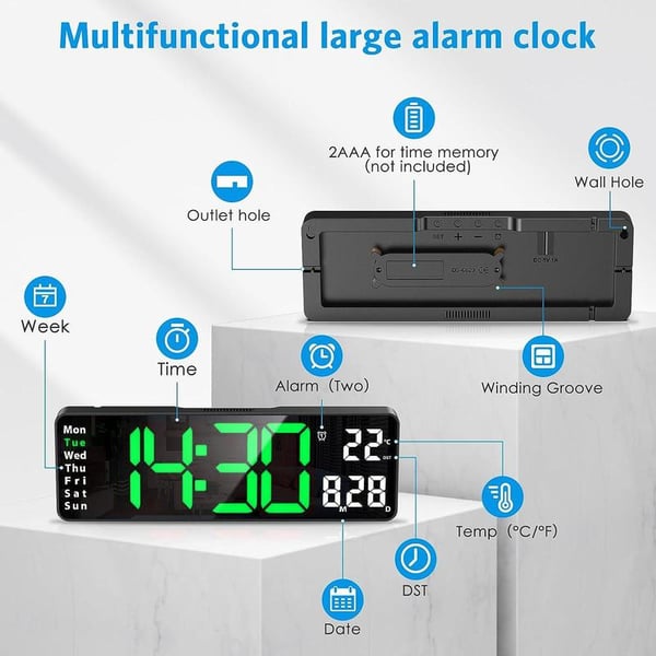⏰✨ 13" Großformat Digitalwecker mit Temperatur & Datum ✓ Automatische Zeiteinstellung ✓ Nachlicht mit Dämmerungssensor ✓ ideal für Schlafzimmer 🌙🔋