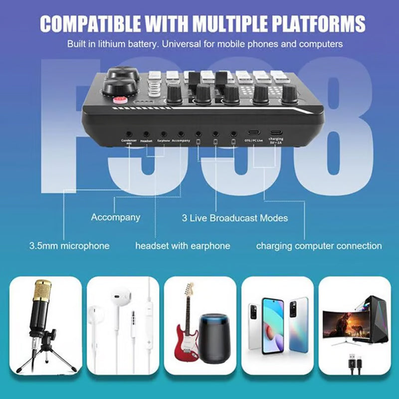 🎤🎛️ F998 Pro Live-Soundkarte & Audio-Mixer – DJ-Effekte, Stimmverzerrer für Karaoke 🎚️🎭 Streamen & Gaming mit Studioqualität. Präzise Regie, langlebiges Design