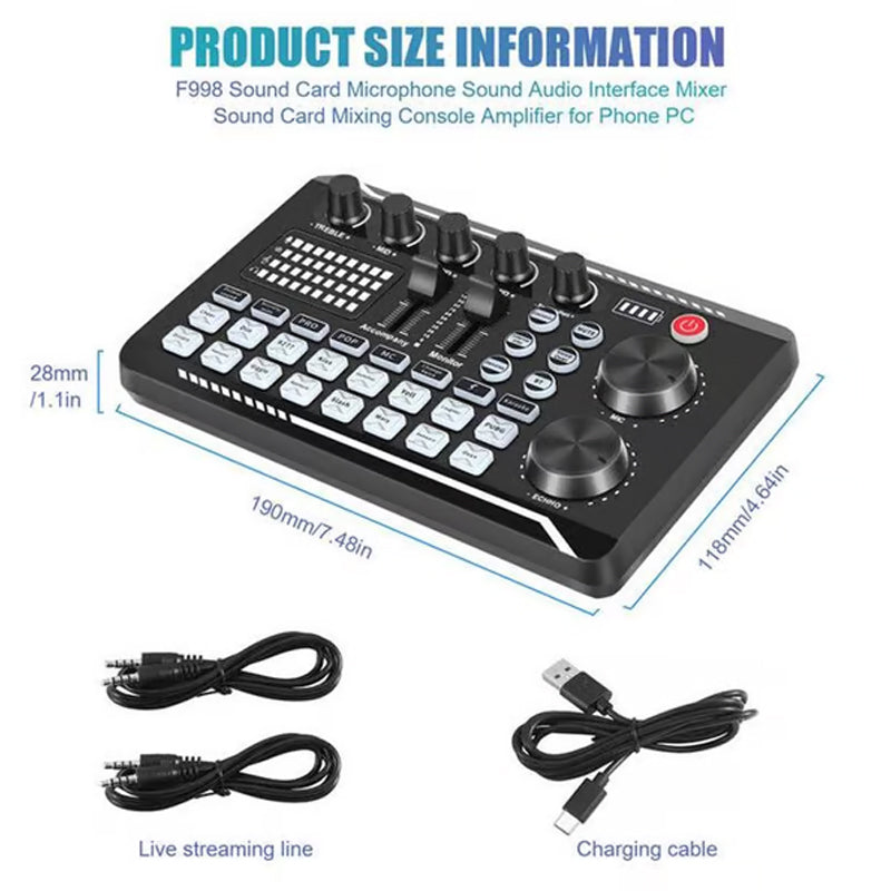 🎤🎛️ F998 Pro Live-Soundkarte & Audio-Mixer – DJ-Effekte, Stimmverzerrer für Karaoke 🎚️🎭 Streamen & Gaming mit Studioqualität. Präzise Regie, langlebiges Design