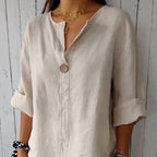 ☀️👗 Lockeres V-Ausschnitt T-Shirt für Damen aus reiner Baumwolle und Leinen 🌿✨ atmungsaktiv & leicht, ideal für warme Tage und entspannte Looks