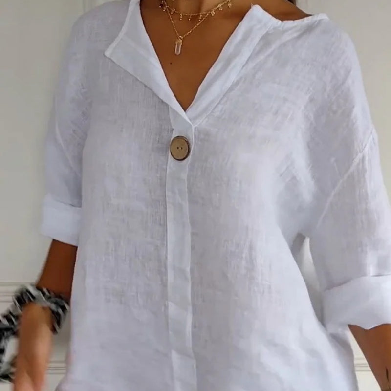 ☀️👗 Lockeres V-Ausschnitt T-Shirt für Damen aus reiner Baumwolle und Leinen 🌿✨ atmungsaktiv & leicht, ideal für warme Tage und entspannte Looks