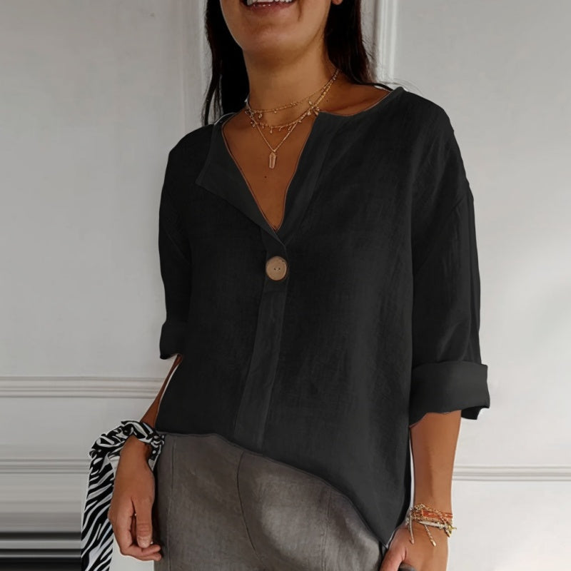 ☀️👗 Lockeres V-Ausschnitt T-Shirt für Damen aus reiner Baumwolle und Leinen 🌿✨ atmungsaktiv & leicht, ideal für warme Tage und entspannte Looks