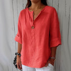 ☀️👗 Lockeres V-Ausschnitt T-Shirt für Damen aus reiner Baumwolle und Leinen 🌿✨ atmungsaktiv & leicht, ideal für warme Tage und entspannte Looks