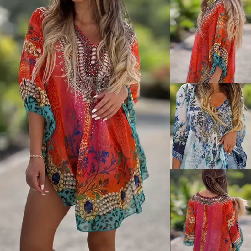 Asymmetrisches Damenkleid mit V-Ausschnitt und lockerem Schnitt