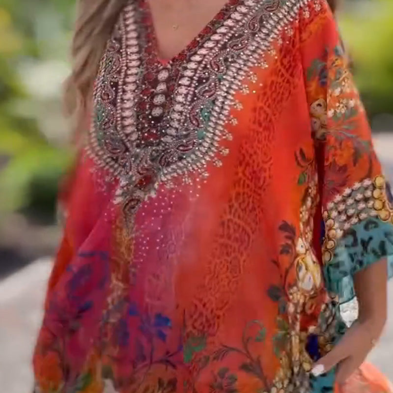 Asymmetrisches Damenkleid mit V-Ausschnitt und lockerem Schnitt