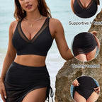 🌞🏖️ Damen 3-teiliges Bikini-Set: Hochtaillierter Slip & Schwimmrock mit Mesh-Details, Kordelzug & Bauchkontrolle – perfekt für Strandurlaub & Pooltage ☀️🌊
