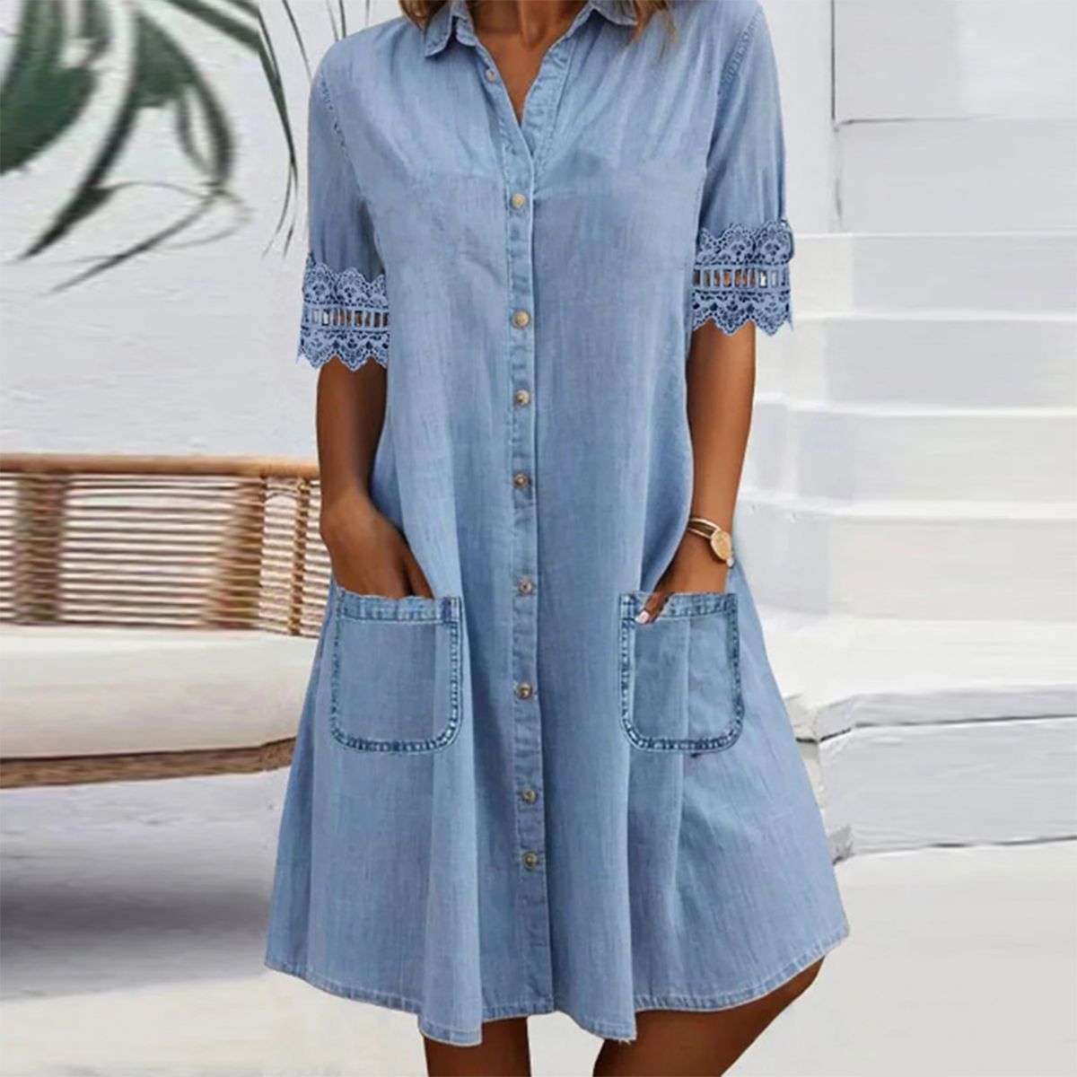 🎁Zeitlich begrenztes Angebot⏳Blaues, schlichtes Minikleid aus Denim mit Kragen und Spitzenbesatz