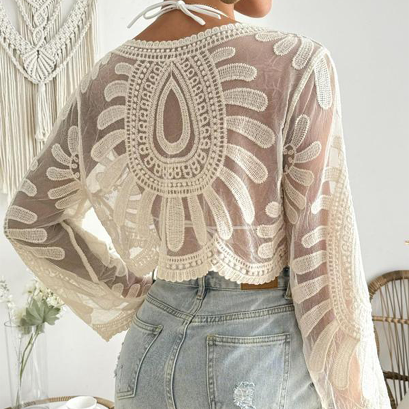 🌺Halbtransparenter Überwurf für Damen mit floraler Stickerei🌊Süßer Langarm-Rundhalsausschnitt | Perfekt für Strandurlaube und Outdoor-Spaß! ☀️