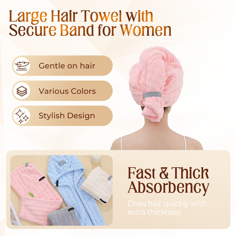 🛁  Großes Haarhandtuch mit sicherem Band für Frauen