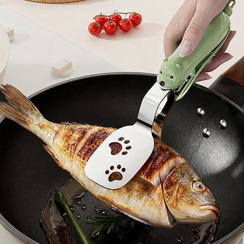 ✨✨2-in-1 Pfannenwender & Zange aus Edelstahl🥦☘️Mit Ölablauf für gesünderes Braten