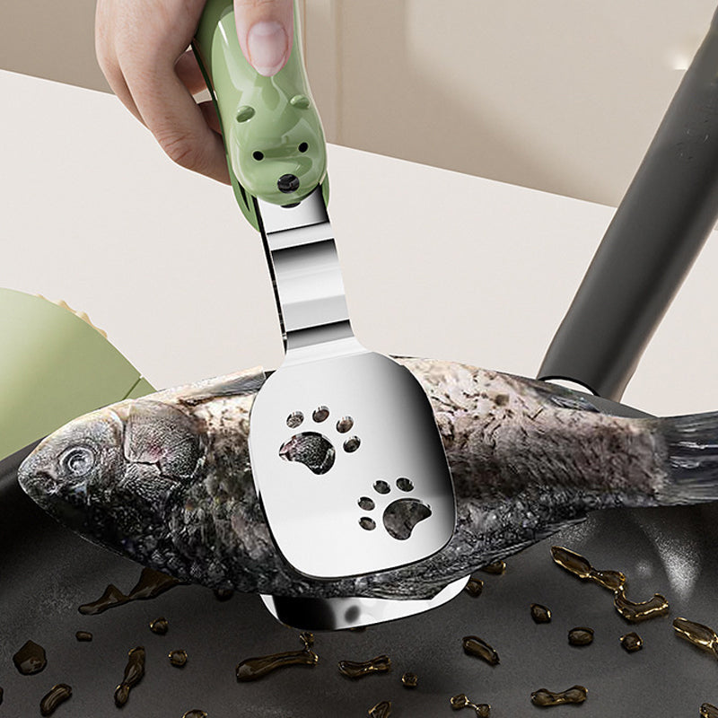 ✨✨2-in-1 Pfannenwender & Zange aus Edelstahl🥦☘️Mit Ölablauf für gesünderes Braten