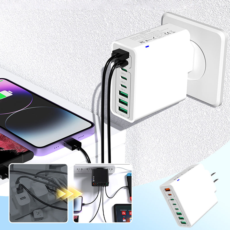 🔥⚡150W GaN 6-Port-Mehrfach-Schnellladegerät🔋🔌 – Laptop, Handy, Tablet gleichzeitig voll laden. Kabelsalat adé, perfekt für Reise & Büro.