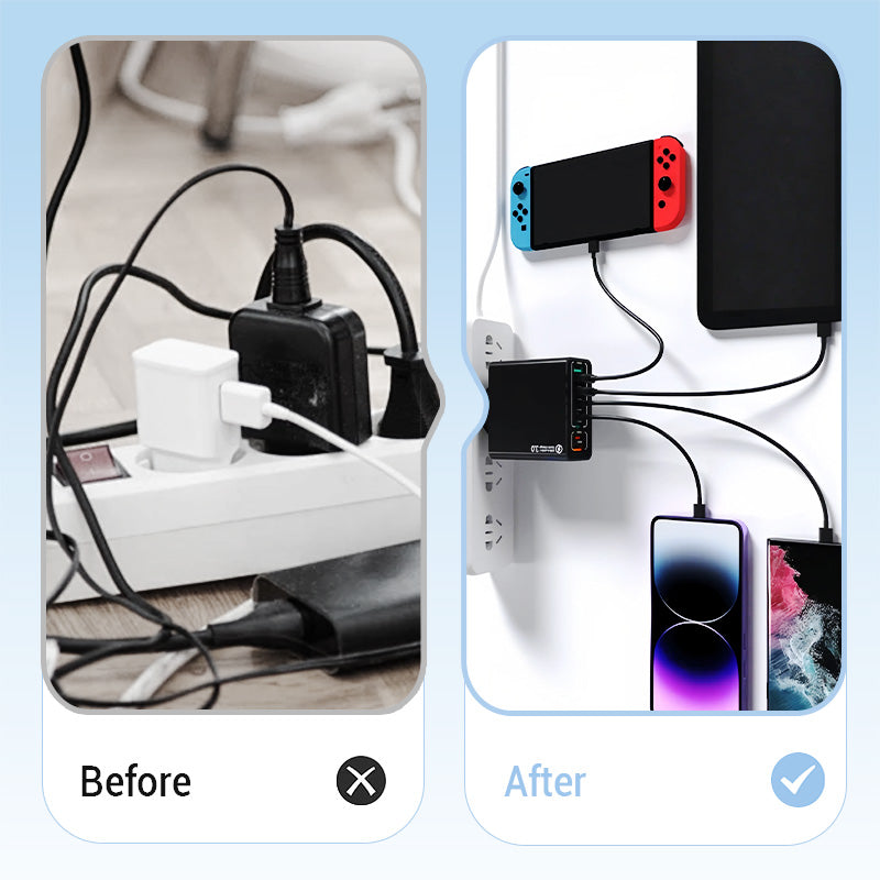 🔥⚡150W GaN 6-Port-Mehrfach-Schnellladegerät🔋🔌 – Laptop, Handy, Tablet gleichzeitig voll laden. Kabelsalat adé, perfekt für Reise & Büro.