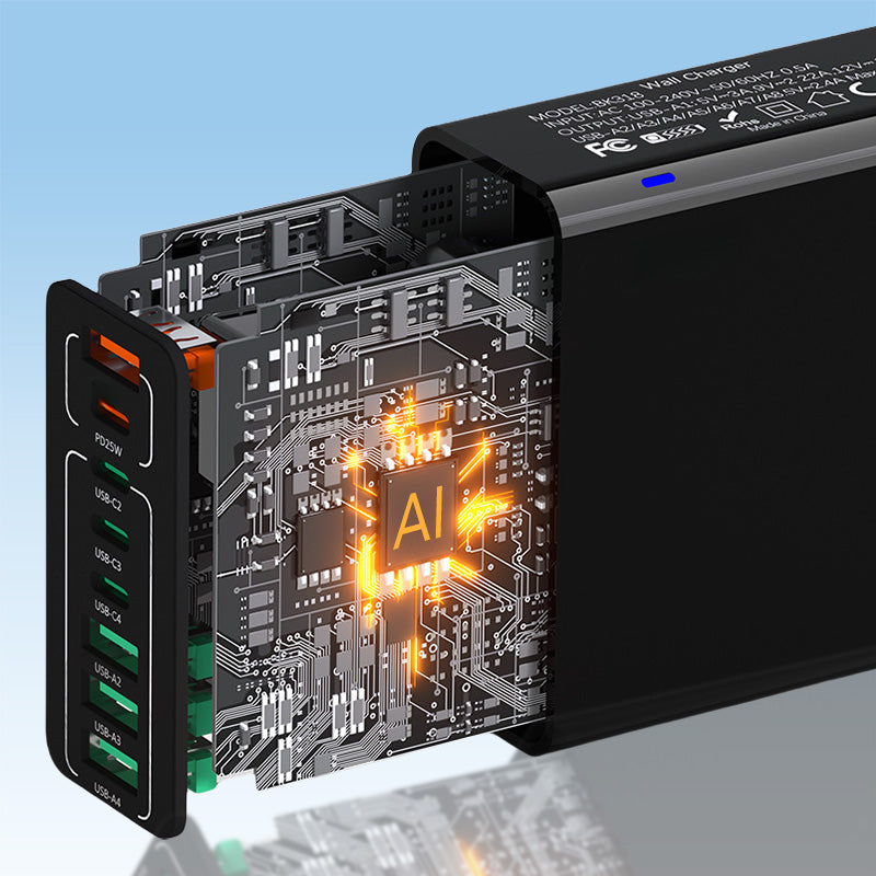🔥⚡150W GaN 6-Port-Mehrfach-Schnellladegerät🔋🔌 – Laptop, Handy, Tablet gleichzeitig voll laden. Kabelsalat adé, perfekt für Reise & Büro.