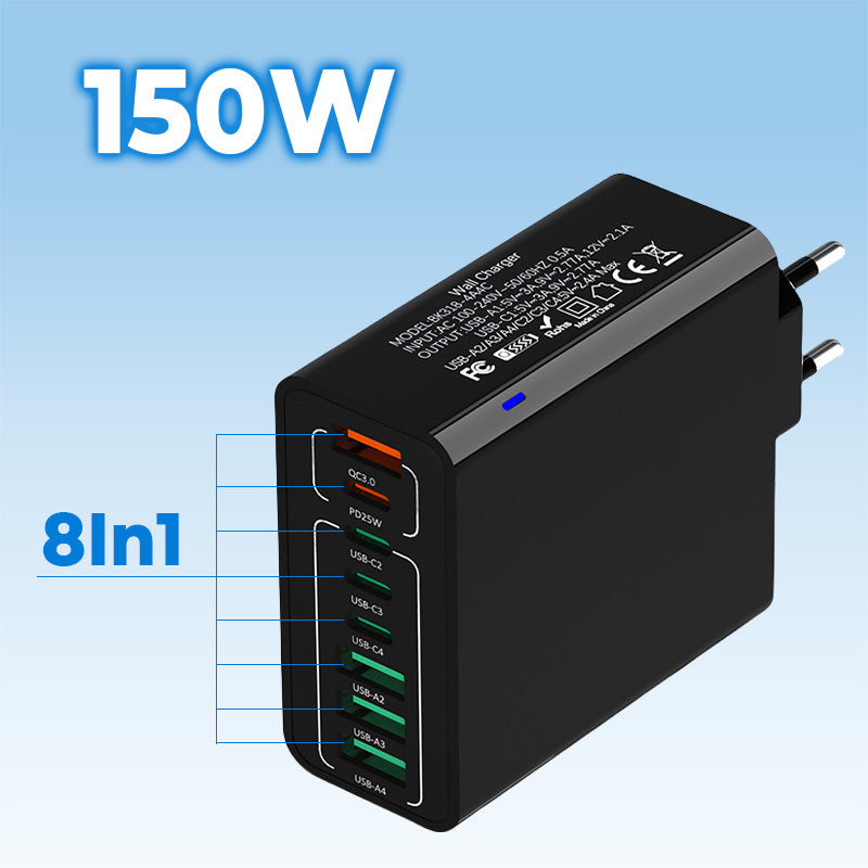 🔥⚡150W GaN 6-Port-Mehrfach-Schnellladegerät🔋🔌 – Laptop, Handy, Tablet gleichzeitig voll laden. Kabelsalat adé, perfekt für Reise & Büro.