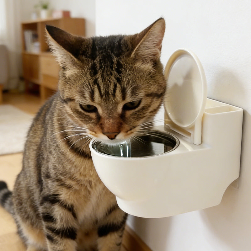 🚽😺 Katzen-Napf Toilette Design: Hygienisch & Platzsparend mit Edelstahlschüssel & Staubschutz - Wandmontage ohne Bohren, praktischer Stauraum für Zubehör!